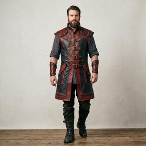 Chaleco largo de cuero para hombre - Chaqueta medieval de fantasía, túnica de cuero roja y negra, disfraz renacentista para LARP