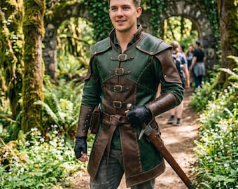 May include: A person wearing a green and brown leather costume with a sword in a forest setting. The costume features a green top with brown accents, multiple buckles, and leather arm guards. The person is also wearing black gloves and gray pants.