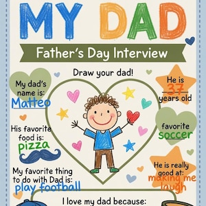 Peut inclure: Une fiche d'interview pour la fête des pères intitulée ALL ABOUT MY DAD avec du texte et des illustrations style crayon coloré. Elle présente un cœur central avec un dessin d'enfant, une casquette bleue, un mug vert et des réponses manuscrites.