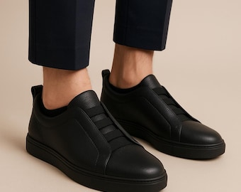 Black Leather Slip On Sneakers Men, Minimalist Casual Shoes, Low Top Sneakers,