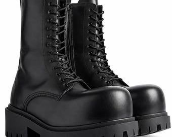 Handmade Leather Combat Boots Bulbous Round Toe Heavy Lug Sole Platform Booties Goth Streetwear Avant Garde Techwear Statement Chunky Shoe