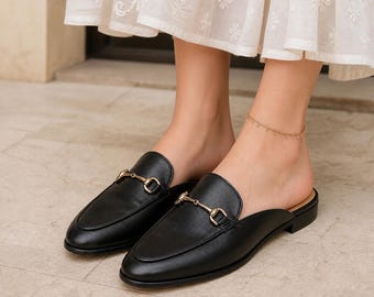 Women Black Mule Loafers, Chic Slip On Shoes, Casual Work Office Wedding Business Mules