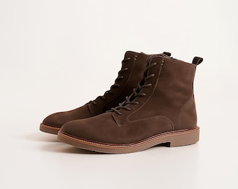 Botines de cuero marrón para hombre hechos a mano, botas de combate con cordones, zapatos de vestir para hombre