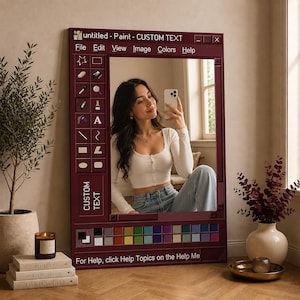 May include: A rectangular floor mirror featuring a dark red frame designed to resemble the interface of a classic computer paint program. The frame includes a toolbar with icons, a color palette, and text that reads "untitled - Paint - CUSTOM TEXT".