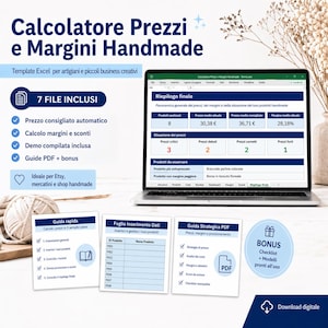 May include: A laptop screen displays a spreadsheet titled "Calculator Prices and Handmade Margins." The image includes a checklist, PDF guides, and a bonus checklist. The text indicates the template is for artisans and small creative businesses.