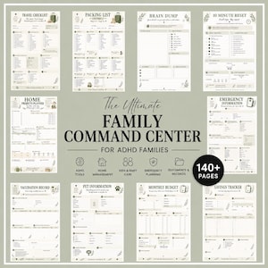 May include: A digital planner set titled The Ultimate Family Command Center for ADHD Families, featuring 140+ pages of templates including travel checklists, packing lists, brain dumps, home project planners, and budget trackers in a neutral tone.
