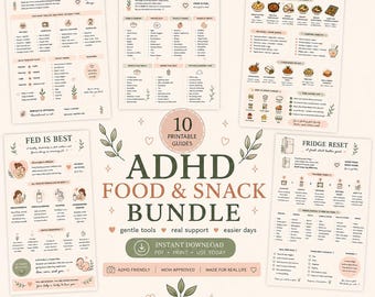 May include: A collection of 10 printable ADHD food and snack guides. The guides cover emergency meals, safe foods, lazy dinner ideas, and fridge reset. The bundle is ADHD friendly, mom approved, and designed for everyday use.