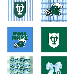 May include: A collage of Tulane University-themed designs. Includes a green and white shield with a "Ψ" symbol, a cartoon wave mascot, and text that says "Roll Wave". The designs are on various backgrounds, including stripes, a grid, and a bow.