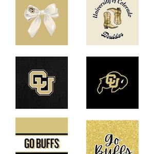 May include: A collection of six square images featuring University of Colorado Boulder designs. Includes a white bow with a CU logo, a logo with cowboy boots, the CU logo on black, a buffalo logo, and the text "GO BUFFS" in gold and black.