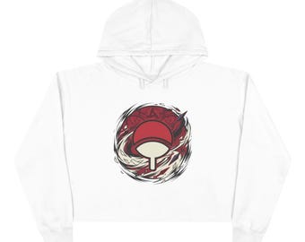 Sudadera corta con capucha y escudo Uchiha / Símbolo del clan de anime, diseño de Sharingan rojo