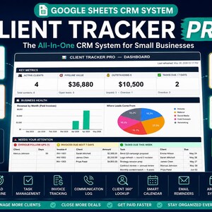 May include: A digital Google Sheets CRM system dashboard titled Client Tracker Pro. The interface displays key metrics, business health charts, a pie graph, and a task list. It includes sections for active clients, pipeline value, and outstanding payments.