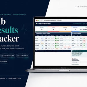 Puede incluir: Una computadora portátil muestra un panel de control "Lab Results Tracker". La pantalla muestra una hoja de cálculo con datos de salud, valores numéricos e indicadores de estado. El texto dice: "Track every marker. See every trend."