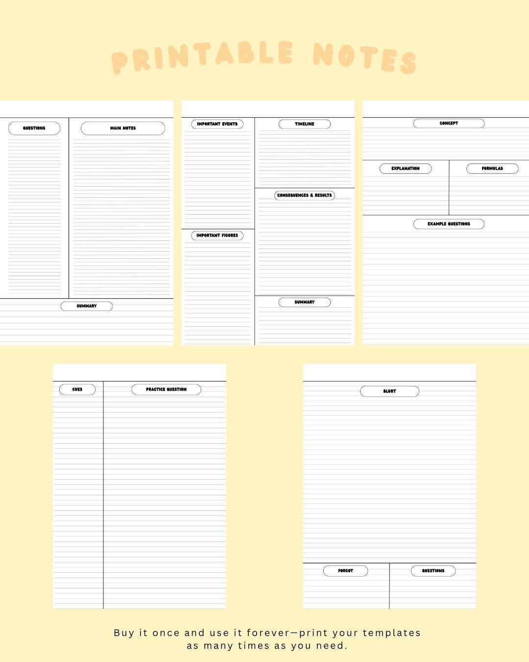 Printable Study Notes Template | Printable PDF - Etsy