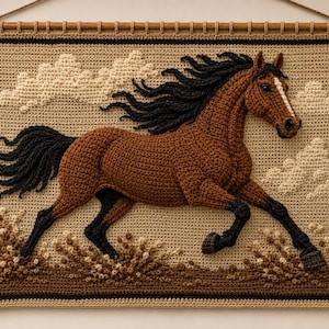Könnte beinhalten: Ein gehäkeltes Wandbild mit einem braunen Pferd im Galopp. Das Pferd hat eine schwarze Mähne und einen schwarzen Schweif mit weißen Abzeichen im Gesicht. Der Hintergrund zeigt beige Wolken und braunes Laub, umrahmt von einem dunklen Rand und einer Holzstange.
