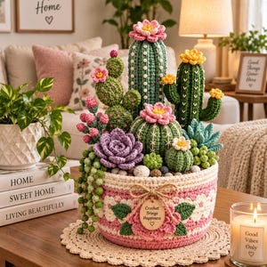 Puede incluir: Un arreglo de suculentas y cactus de ganchillo en una cesta rosa y blanca. La cesta presenta un patrón floral, un lazo de yute y una etiqueta de madera con el texto "Crochet Brings Happiness". Las plantas incluyen varios cactus verdes, una suculenta morada y flores rosas y amarillas.