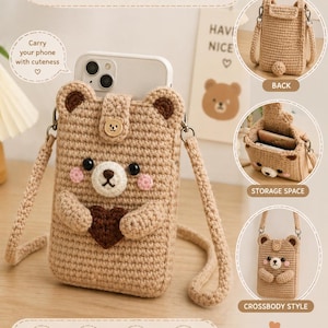 May include: A beige crochet phone holder bag shaped like a bear, with a brown nose, black eyes, and pink cheeks. It has a brown heart and a long strap for crossbody wear. The text "CUTE BEAR CROCHET PHONE HOLDER BAG" is at the top. The bag is handmade.