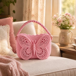 Puede incluir: Un bolso de mano rosa de ganchillo con un diseño de mariposa. La mariposa es el punto focal, con alas caladas detalladas. El bolso tiene un asa trenzada y está sobre un sofá de tonos neutros.