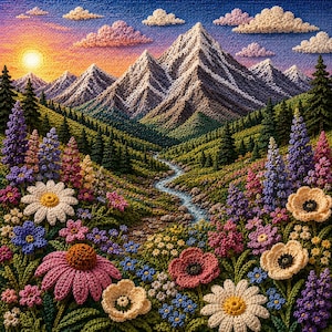 以下が含まれることがあります： 夕焼けの山岳風景を描いた手作りのテキスタイルアート作品。雪をかぶった山々、曲がりくねった川、ピンク、黄色、青、紫の色合いのカラフルなかぎ針編みの花でいっぱいの活気ある牧草地が特徴です。