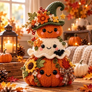 May include: A stacked crochet decoration featuring a large orange pumpkin base, a white ghost in the middle, and a small orange pumpkin wearing a green witch hat on top. The figures are adorned with crocheted sunflowers, autumn leaves, and a plaid bow.