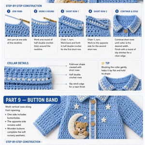 Pode incluir: Um cardigan de beb&ecirc; de croch&ecirc; azul claro com gola, vista de bot&otilde;es e aplica&ccedil;&otilde;es de lua e estrela. As instru&ccedil;&otilde;es passo a passo mostram como criar a gola e a vista de bot&otilde;es. O cardigan tem bot&otilde;es de madeira.