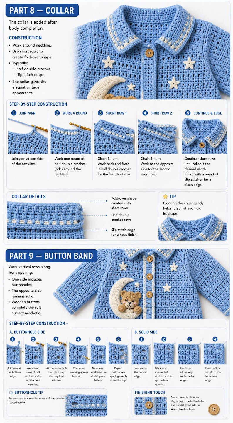 Pode incluir: Um cardigan de beb&ecirc; de croch&ecirc; azul claro com gola, vista de bot&otilde;es e aplica&ccedil;&otilde;es de lua e estrela. As instru&ccedil;&otilde;es passo a passo mostram como criar a gola e a vista de bot&otilde;es. O cardigan tem bot&otilde;es de madeira.