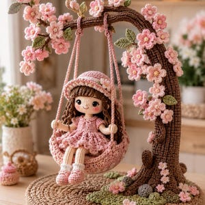 Op de afbeelding: Een gehaakte pop met bruin haar en een roze jurk zit op een schommel die aan een bruine gehaakte boomtak hangt. De boom is versierd met talloze kleine roze bloemen en groene blaadjes en het geheel staat op een ronde basis.