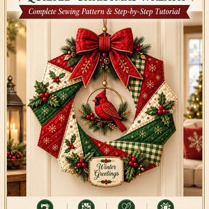 May include: A quilted Christmas wreath sewing pattern titled Winter Greetings. The wreath features red, green, and cream fabric segments with holly berries, a large red bow, and a central cardinal ornament. Includes text: Winter Greetings.