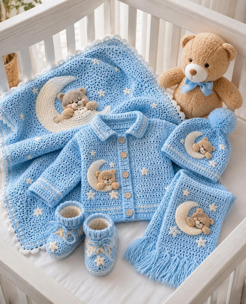 Pode incluir: Um conjunto de croch&ecirc; azul beb&ecirc; com um cobertor, jaqueta, chap&eacute;u, cachecol e botinhas. Cada item tem um urso de pel&uacute;cia e um aplique de lua. Um urso de pel&uacute;cia com uma gravata azul tamb&eacute;m est&aacute; presente. O conjunto &eacute; exibido em um ber&ccedil;o branco.