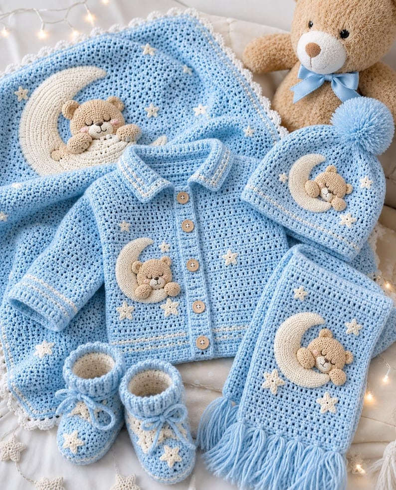 Pode incluir: Um conjunto de beb&ecirc; em croch&ecirc; azul claro, com um cobertor, jaqueta, chap&eacute;u, cachecol e botinhas. Cada item tem um design de urso de pel&uacute;cia e lua, com detalhes de estrelas. Um urso de pel&uacute;cia tamb&eacute;m est&aacute; presente.