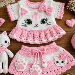 May include: A handmade crochet baby outfit in white and pink, featuring a cat face design on the top and paw prints on the skirt. The outfit includes a top with a bow and a skirt with a drawstring. The set is displayed on a wooden surface.