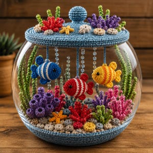Puede incluir: Una pecera de vidrio transparente hecha a mano con una tapa y base azules de ganchillo. En el interior, corales de ganchillo coloridos y tres peces colgantes. La tapa presenta estrellas de mar y coral de ganchillo.