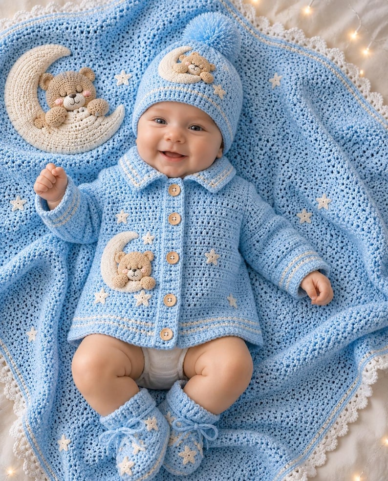 Pode incluir: Um beb&eacute; com um conjunto de croch&eacute; azul claro, incluindo casaco, gorro e botinhas, todos adornados com aplica&ccedil;&otilde;es de ursinhos e estrelas. O beb&eacute; est&aacute; deitado numa manta de croch&eacute; azul a condizer com um design de lua crescente e ursinho.