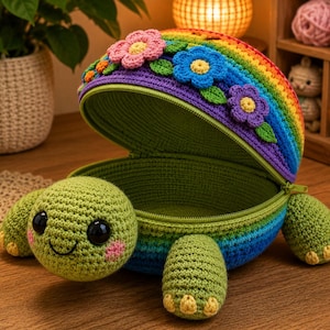 Peut inclure: Une pochette zippée en forme de tortue crochetée, avec une carapace arc-en-ciel et des fleurs décoratives. La tortue a un visage souriant, quatre pattes vertes et un intérieur vert. La pochette est ouverte.