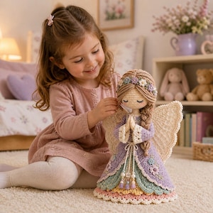 May include: A handcrafted crochet angel doll with a floral crown, closed eyes, and folded hands. The doll features a layered dress in pastel colors, including lavender, blue, and yellow, with crocheted wings. The doll is being held by a young girl.