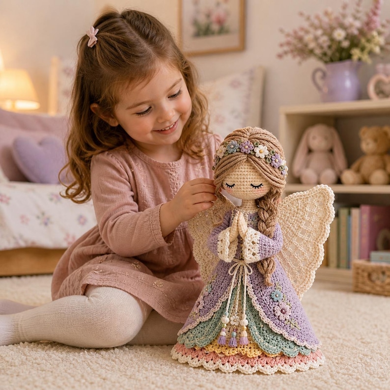 May include: A handcrafted crochet angel doll with a floral crown, closed eyes, and folded hands. The doll features a layered dress in pastel colors, including lavender, blue, and yellow, with crocheted wings. The doll is being held by a young girl.