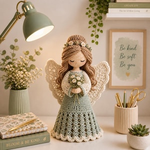 May include: A handcrafted crochet angel doll with long brown hair, holding a bouquet of flowers. The angel wears a green dress and cream-colored wings. The text "Be kind, Be soft, Be you" is in a framed print. A notebook with the text "BLOOM & BE KIND" is also visible.