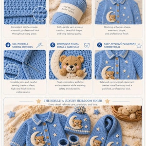 Pode incluir: Conjunto de croch&ecirc; azul para beb&eacute;, com casaco, chap&eacute;u, botinhas e cachecol, cada um adornado com um aplique de urso de peluche e lua. O conjunto inclui um novelo de l&atilde; azul a condizer. O texto na imagem diz "Professional Finishing".