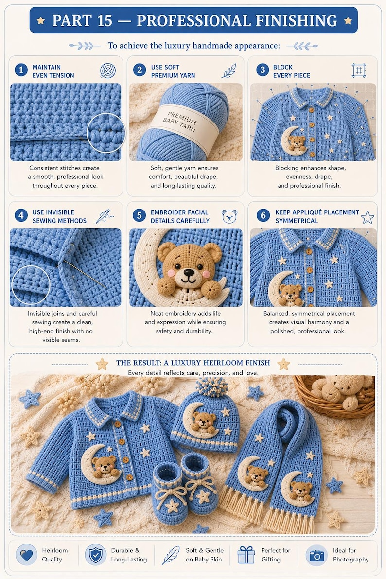 Pode incluir: Conjunto de croch&ecirc; azul para beb&eacute;, com casaco, chap&eacute;u, botinhas e cachecol, cada um adornado com um aplique de urso de peluche e lua. O conjunto inclui um novelo de l&atilde; azul a condizer. O texto na imagem diz "Professional Finishing".