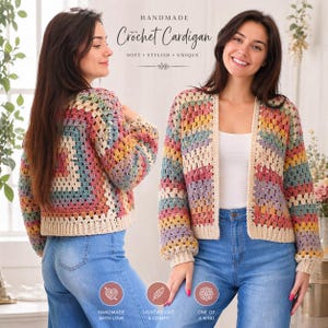 May include: A handmade crochet cardigan in a rainbow of colors, including pink, yellow, blue, and cream. The open-front sweater has long sleeves and a ribbed hem. The text "Crochet Cardigan" is displayed at the top.