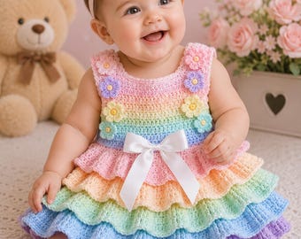 Modello di vestitino all'uncinetto per neonata con motivo arcobaleno pastello / Abito a strati con volant / Completo per neonata fatto a mano