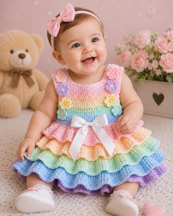 crochet layered dress Pastel Rainbow Baby Frock Pattern | Ruffle | Handmade Baby Girl Outfit surface sequin covered