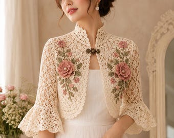 Häkelanleitung für Bolerojacke mit Blumenmuster, Vintage-inspirierter Shrug (PDF-Muster)