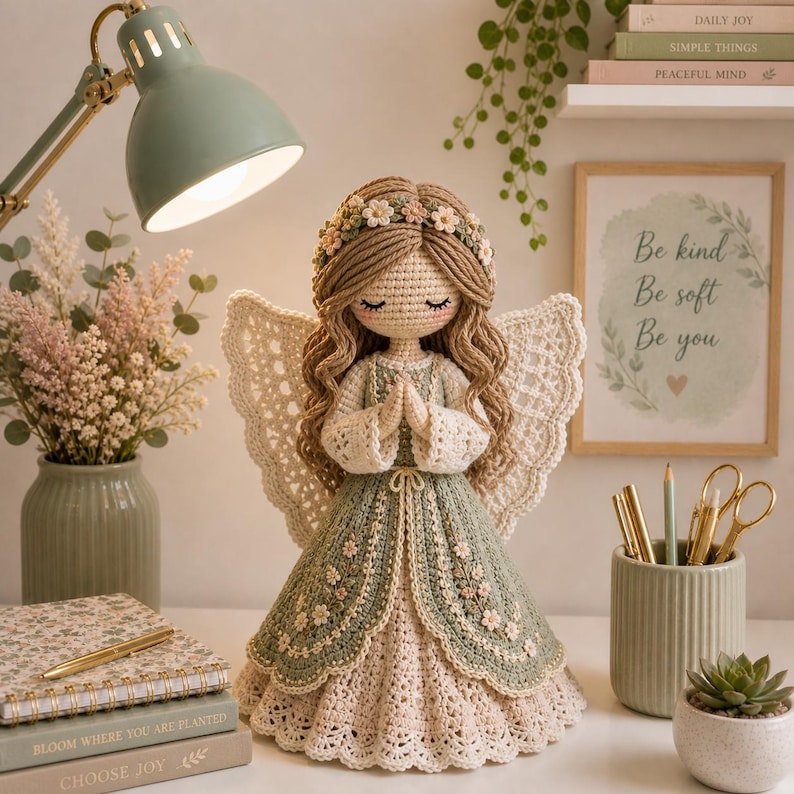 May include: A handmade crochet angel doll with a green and cream dress, adorned with floral accents. The doll has long brown hair, closed eyes, and a floral crown. It features large, lacy wings and clasped hands. The doll is displayed near books and a framed print.