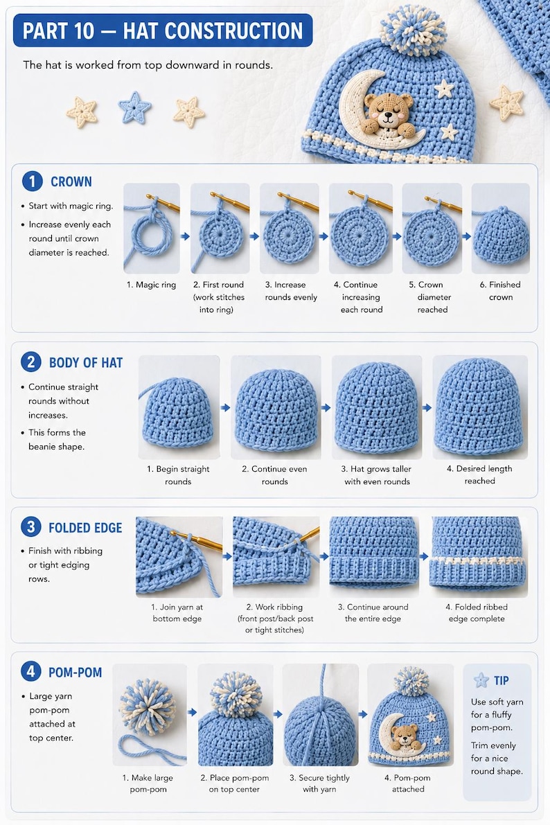 Pode incluir: Guia passo a passo para fazer um chap&eacute;u de beb&ecirc; de croch&ecirc;. As instru&ccedil;&otilde;es mostram como criar a coroa, o corpo, a borda dobrada e o pompom. O chap&eacute;u finalizado &eacute; azul claro com um design de lua e urso e um pompom branco.