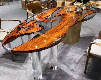 Handmade Live Edge Epoxy Dining Table, Solid Wood Ocean Style, Irregular Modern Wood Furniture