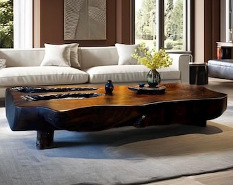 Solid Wood Live Edge Coffee Table, Sculptural Modern Centerpiece, Natural Furniture