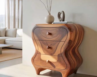 Sculptural Organic Curved 3 Drawer Wood Cabinet, Natural Accent Chest