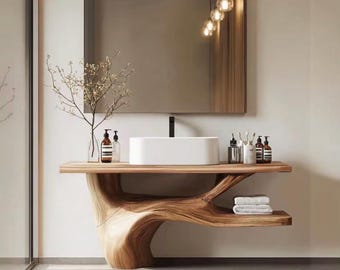 Handmade Walnut Live Edge Floating Vanity, Sculptural Wood Console Sink Furniture