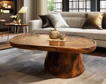Oval Solid Wood Coffee Table, Sculptural Natural Base, Modern Living Room Furniture