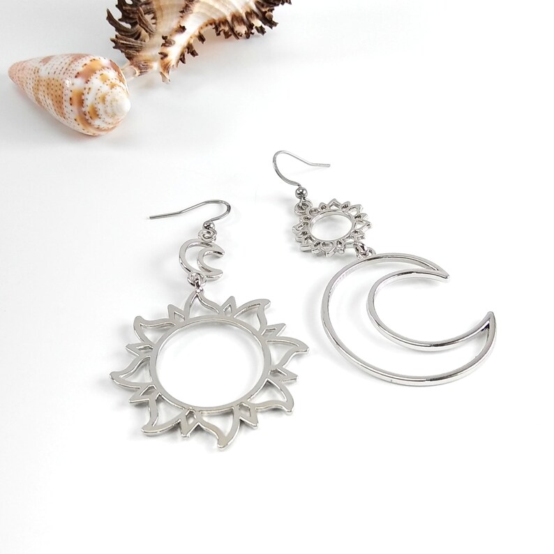 Silver Sun Earrings Dangle Large Sun Earrings Crescent Moon Etsy